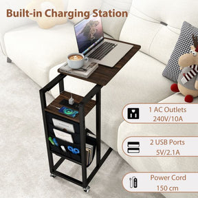 C-shaped End Table with Charging Station and Retractable Tabletop