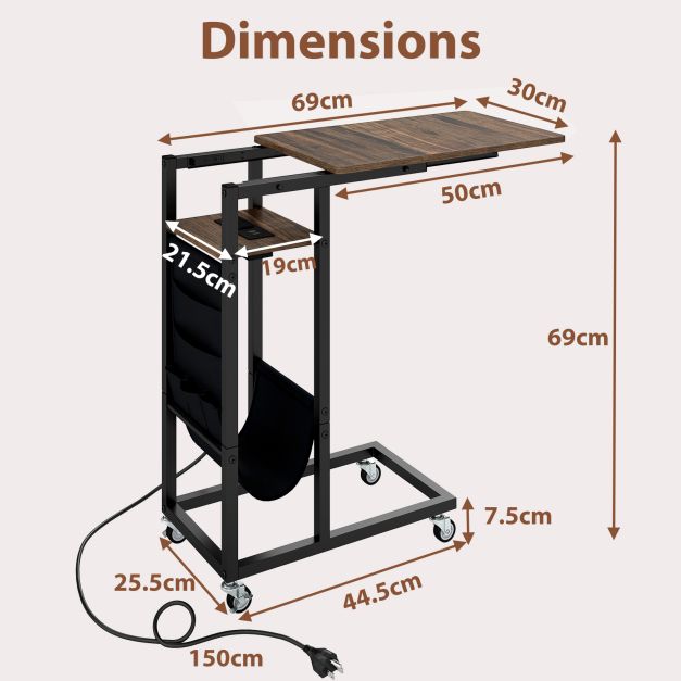 C-shaped End Table with Charging Station and Retractable Tabletop