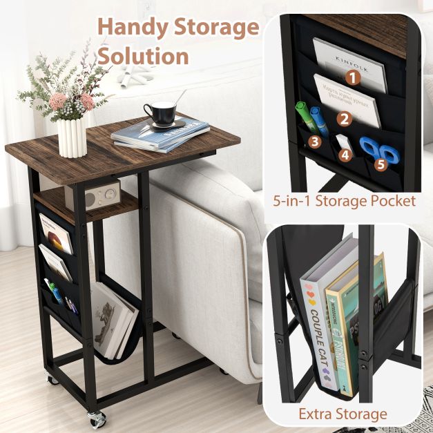 C-shaped End Table with Charging Station and Retractable Tabletop