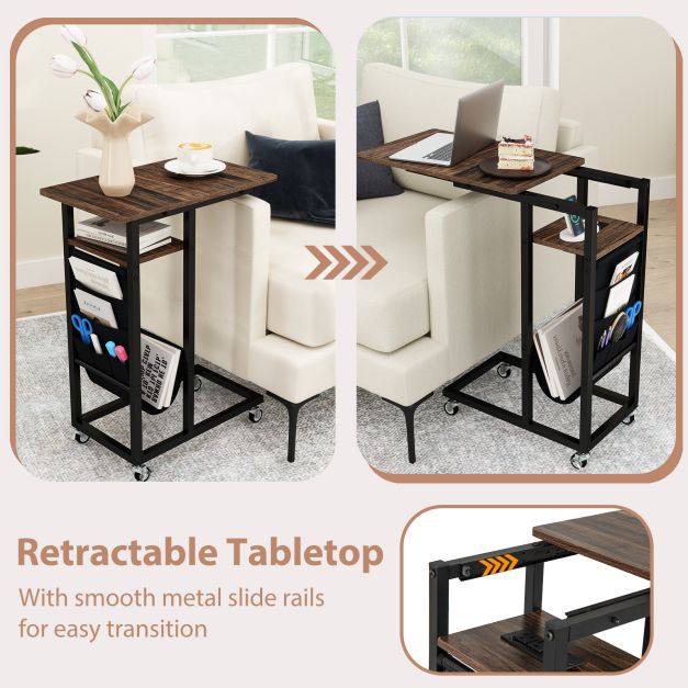 C-shaped End Table with Charging Station and Retractable Tabletop