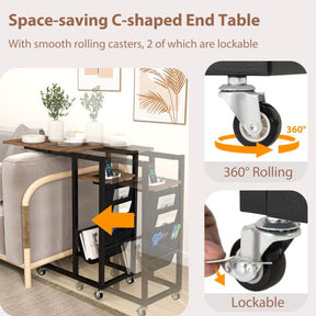 C-shaped End Table with Charging Station and Retractable Tabletop