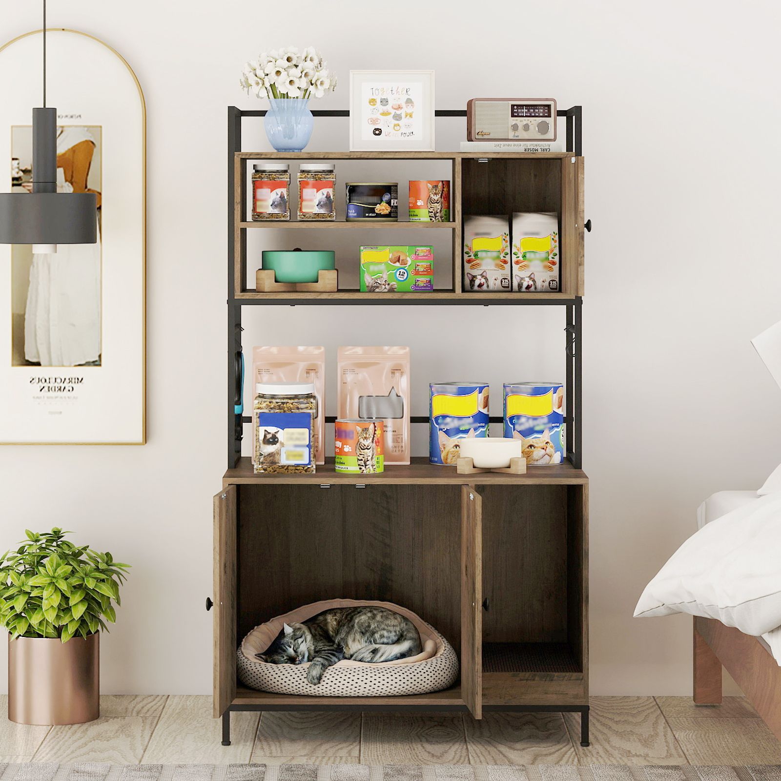 Cat Litter Box Enclosure with Storage Shelves Hooks Large Hidden Cat Washroom