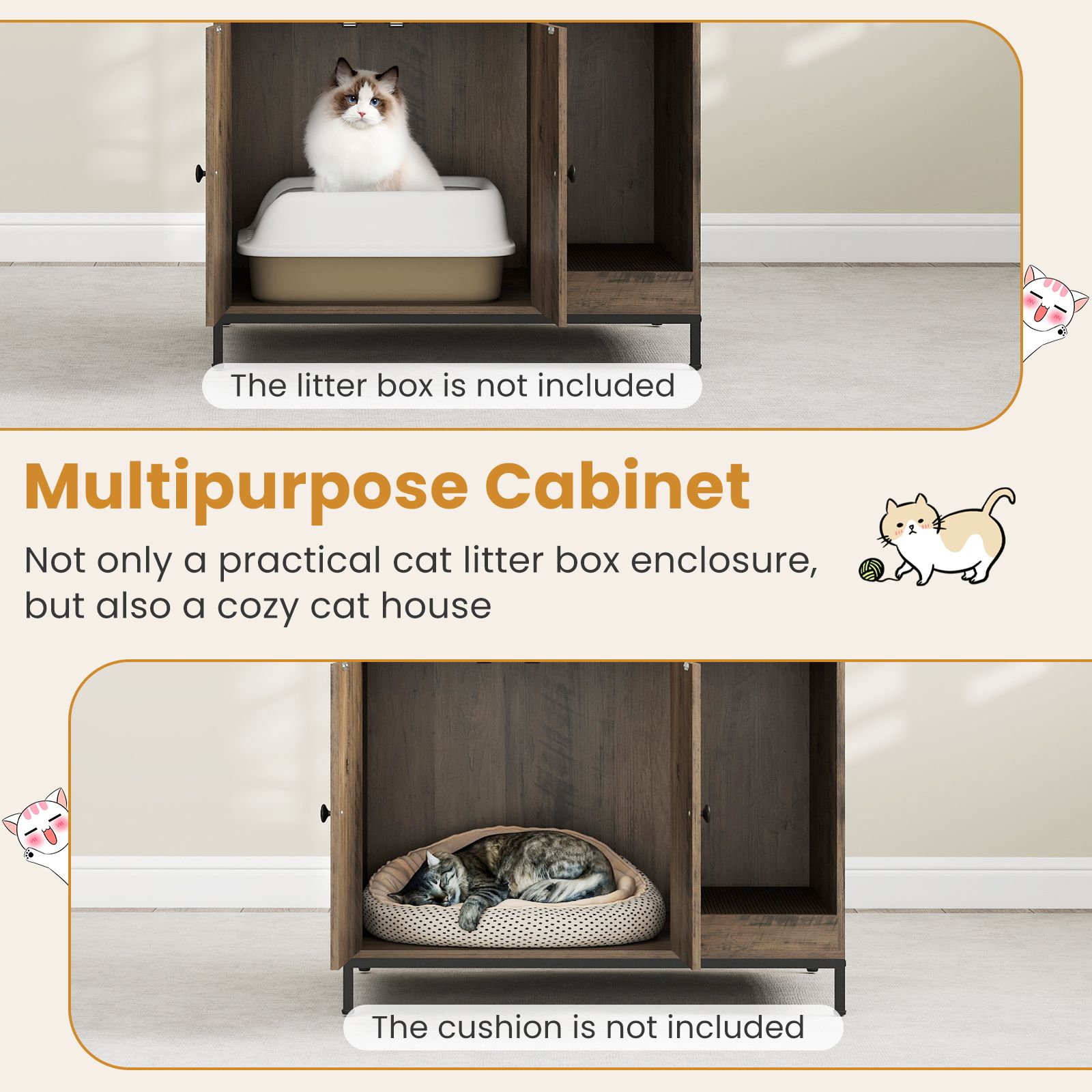 Cat Litter Box Enclosure with Storage Shelves Hooks Large Hidden Cat Washroom