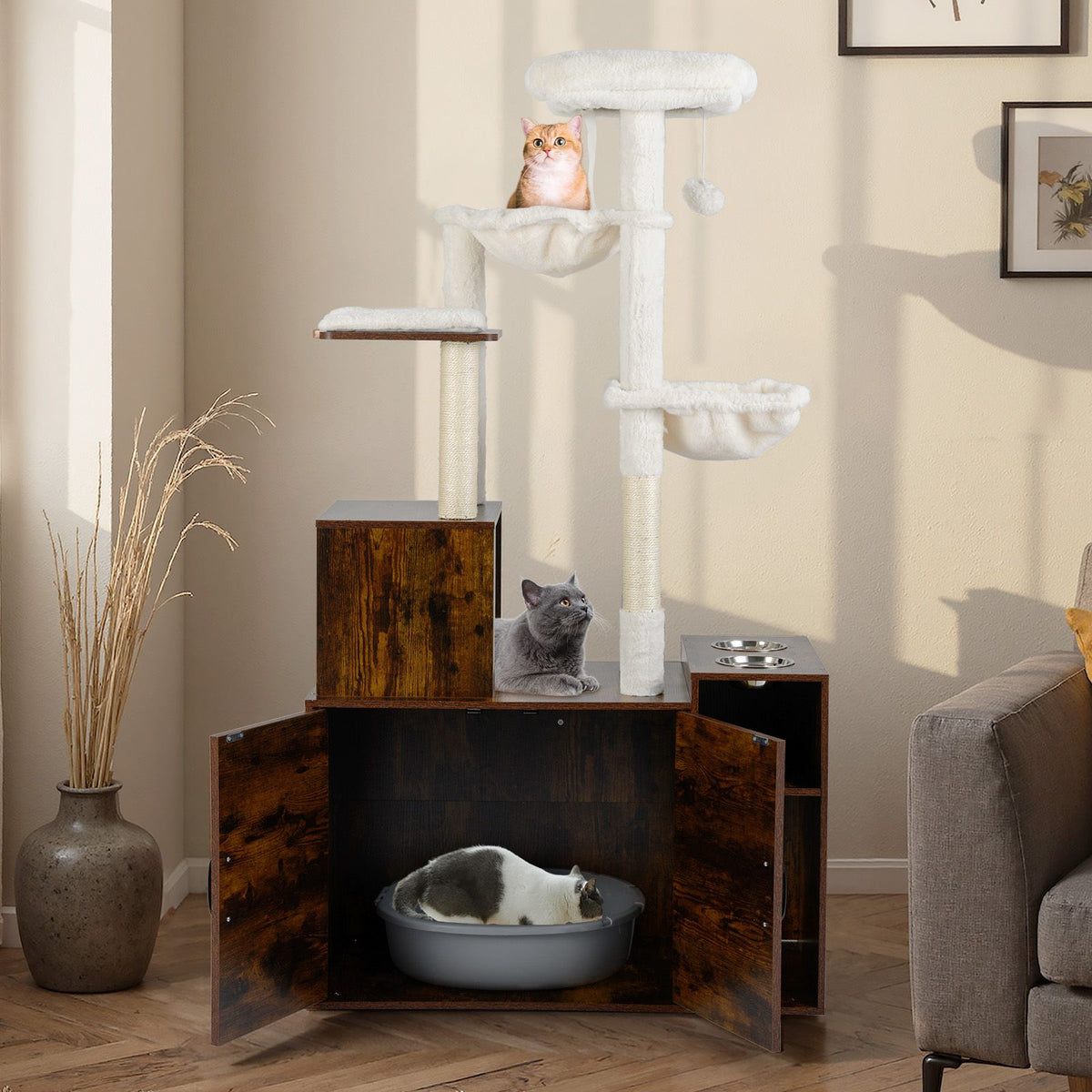Cat Tree with Litter Box Enclosure Condo 2 Hammocks Perch Sisal Scratching Posts and Mats