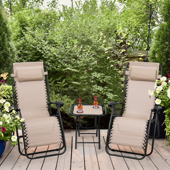 3 Pieces Folding Portable Zero Gravity Reclining Lounge Chairs Table Set