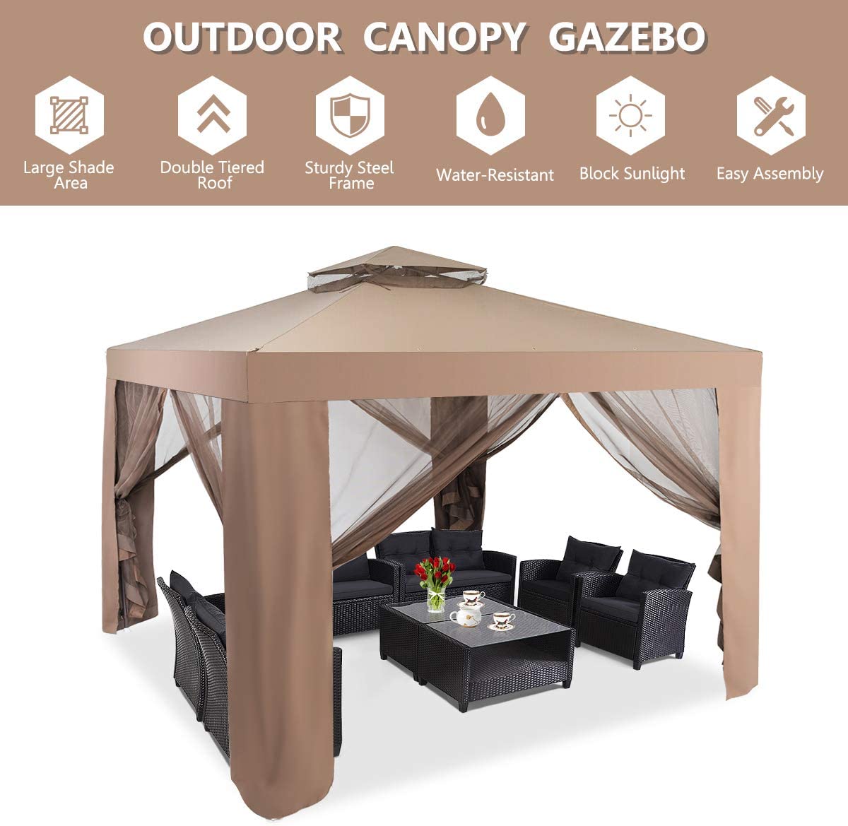 10’x 10’ Outdoor Canopy Gazebo Patio Tent Shelter with Mosquito Netting