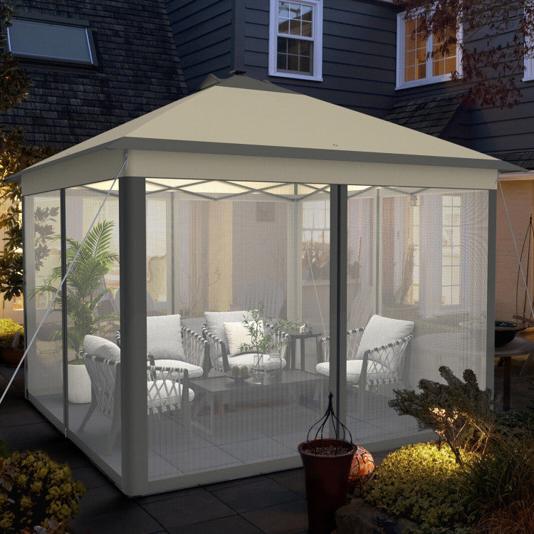 11 x 11 Feet Outdoor Height Adjustable Gazebo Patio Foldable Canopy Tent with Solar LED Light