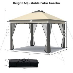 11 x 11 Feet Outdoor Height Adjustable Gazebo Patio Foldable Canopy Tent with Solar LED Light