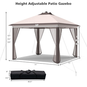 11 x 11 Feet Outdoor Height Adjustable Gazebo Patio Foldable Canopy Tent with Solar LED Light