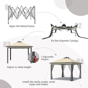 11 x 11 Feet Outdoor Height Adjustable Gazebo Patio Foldable Canopy Tent with Solar LED Light