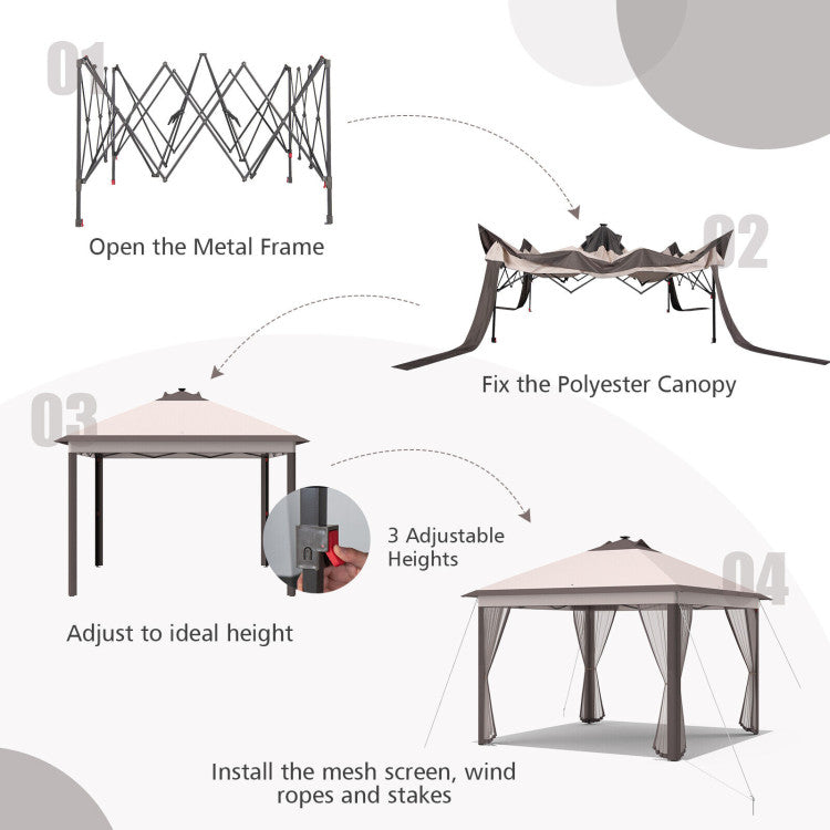 11 x 11 Feet Outdoor Height Adjustable Gazebo Patio Foldable Canopy Tent with Solar LED Light