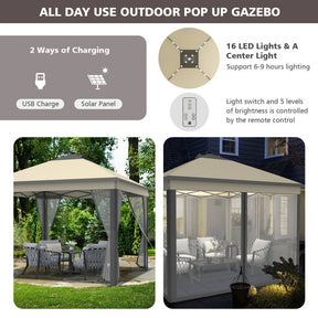 11 x 11 Feet Outdoor Height Adjustable Gazebo Patio Foldable Canopy Tent with Solar LED Light