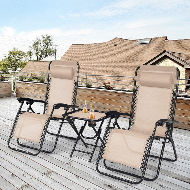 3 Pieces Folding Portable Zero Gravity Reclining Lounge Chairs Table Set
