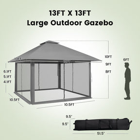 13 x 13 Feet Outdoor Pop-up Gazebo Patio Instant Canopy Shelter Tent with Mesh Sidewall and Vented Top