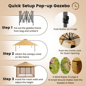 13 x 13 Feet Outdoor Pop-up Gazebo Patio Instant Canopy Shelter Tent with Mesh Sidewall and Vented Top