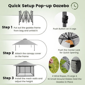 13 x 13 Feet Outdoor Pop-up Gazebo Patio Instant Canopy Shelter Tent with Mesh Sidewall and Vented Top