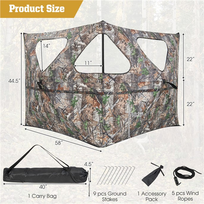 2-Panel Portable Hunting Blind Pop-Up Ground Hunting Fence with Brush-in Loops and 3 Shoot Through Ports