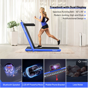 2-in-1 Folding Electric Motorized Treadmill with Remote Control and Dual Display