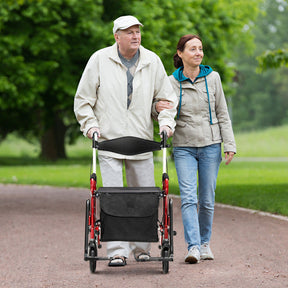 2-in-1 Folding Rollator Walker Transport Wheelchair with Detachable Storage Bag and Height Adjustable Handle