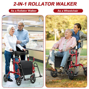 2-in-1 Folding Rollator Walker Transport Wheelchair with Detachable Storage Bag and Height Adjustable Handle