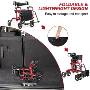 2-in-1 Folding Rollator Walker Transport Wheelchair with Detachable Storage Bag and Height Adjustable Handle