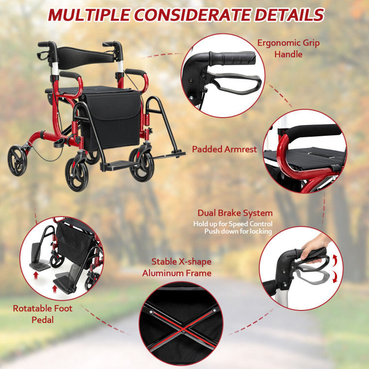 2-in-1 Folding Rollator Walker Transport Wheelchair with Detachable Storage Bag and Height Adjustable Handle