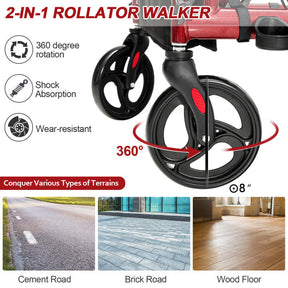 2-in-1 Folding Rollator Walker Transport Wheelchair with Detachable Storage Bag and Height Adjustable Handle