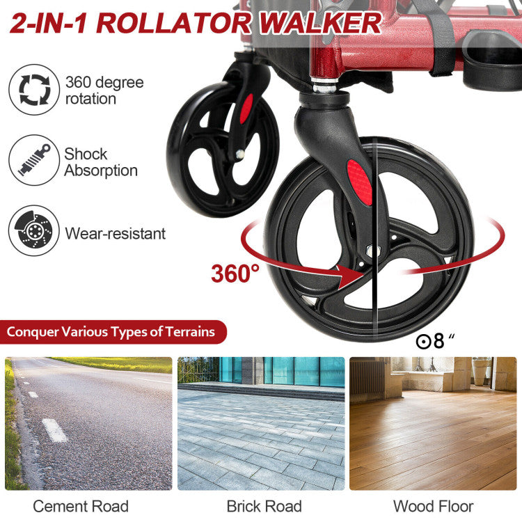 2-in-1 Folding Rollator Walker Transport Wheelchair with Detachable Storage Bag and Height Adjustable Handle