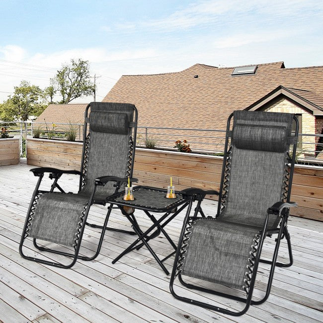 3 Pieces Folding Portable Zero Gravity Reclining Lounge Chairs Table Set