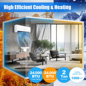 24000BTU 208-230V Mini Split Air Conditioner and Heater 18.5 Seer2 Wall-Mounted Ductless AC Unit with Self Cleaning and Auto Defrost