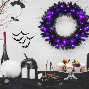 24 Inch Artificial Pre-lit Halloween Wreath with 35 Purple LED Lights