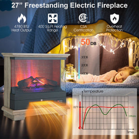 27 Inch Freestanding Electric Fireplace 1400W Fireplace Heater with Thermostat Control and Overheat Protection
