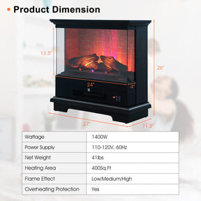 27 Inch Freestanding Electric Fireplace 1400W Fireplace Heater with Thermostat Control and Overheat Protection