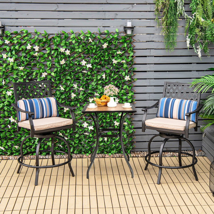 2 Pieces Outdoor Bar Height Metal Swivel Chairs with Soft Cushions