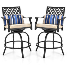 2 Pieces Outdoor Bar Height Metal Swivel Chairs with Soft Cushions