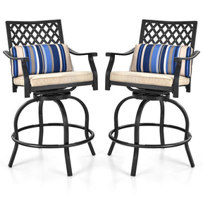 2 Pieces Outdoor Bar Height Metal Swivel Chairs with Soft Cushions