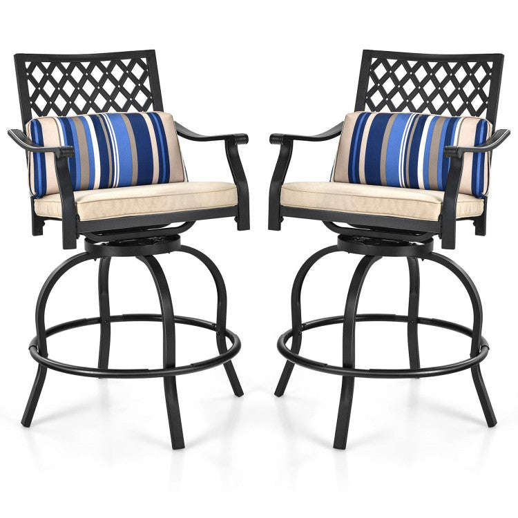 2 Pieces Outdoor Bar Height Metal Swivel Chairs with Soft Cushions