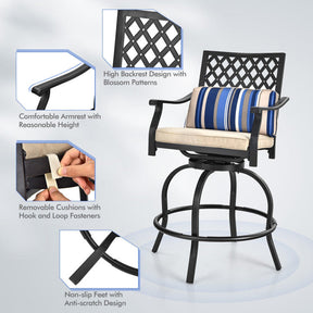 2 Pieces Outdoor Bar Height Metal Swivel Chairs with Soft Cushions