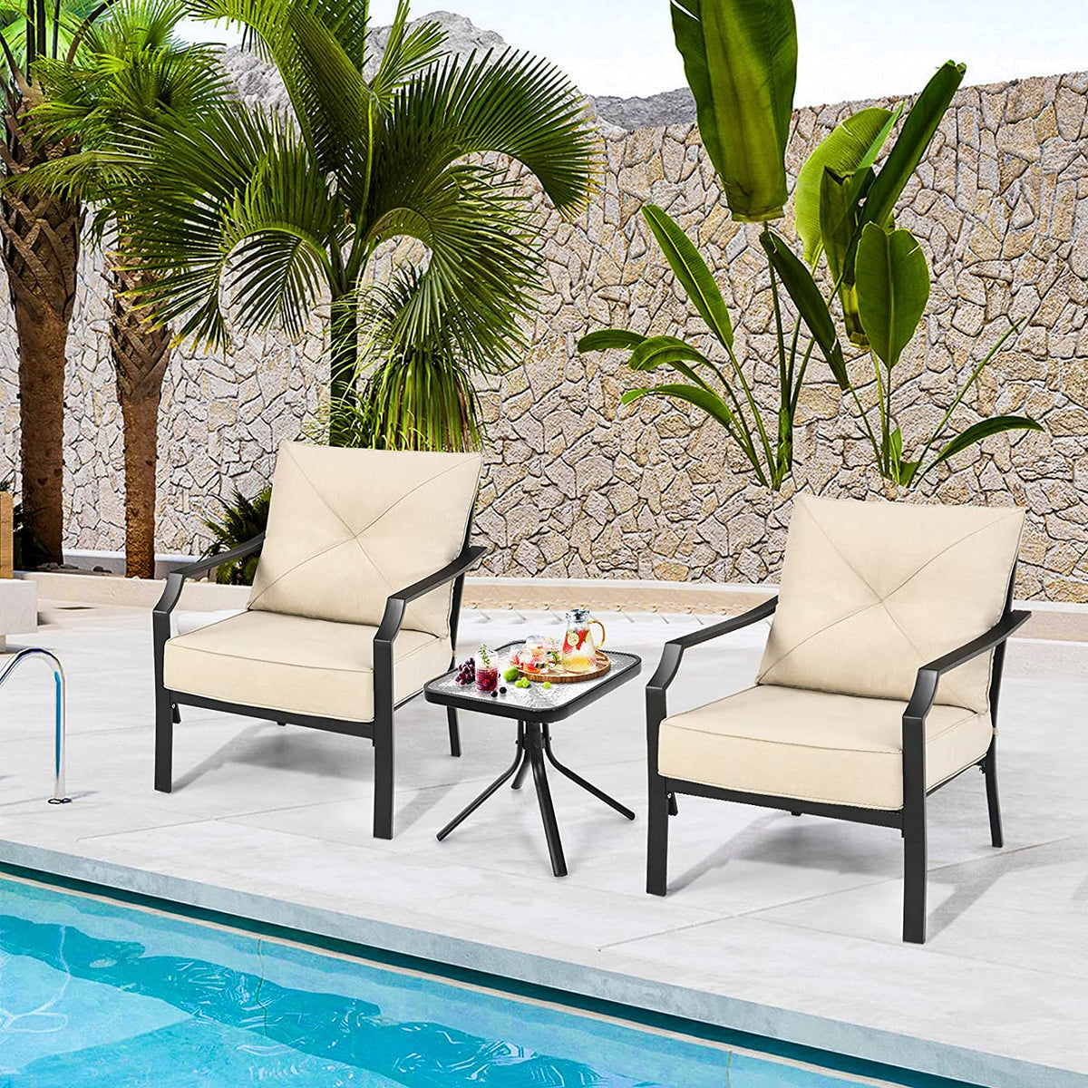 2 Pieces Patio Garden Dining Chairs Outdoor Bistro Armchairs with Padded Cushions