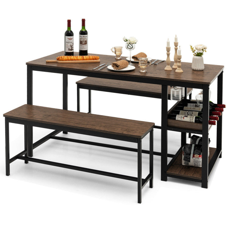 3-Piece Dining Table Set Kitchen Table and Chairs Set with Storage Shelves Glass Holder
