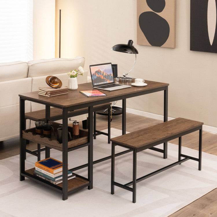 3-Piece Dining Table Set Kitchen Table and Chairs Set with Storage Shelves Glass Holder