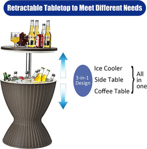 3-in-1 Outdoor Height Adjustable Cocktail Table Rattan Patio Cool Bar Table 8 Gallon Beer and Wine Cooler with Drainage Plug