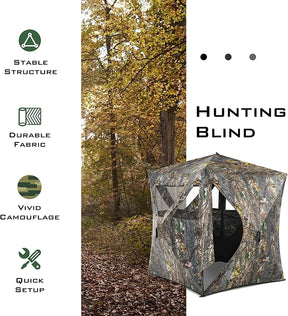 3 Person Pop up Ground Camo Deer Blind Portable Camouflage Hunting Blind Tent with 360 Degree Mesh Windows Carrying Bag