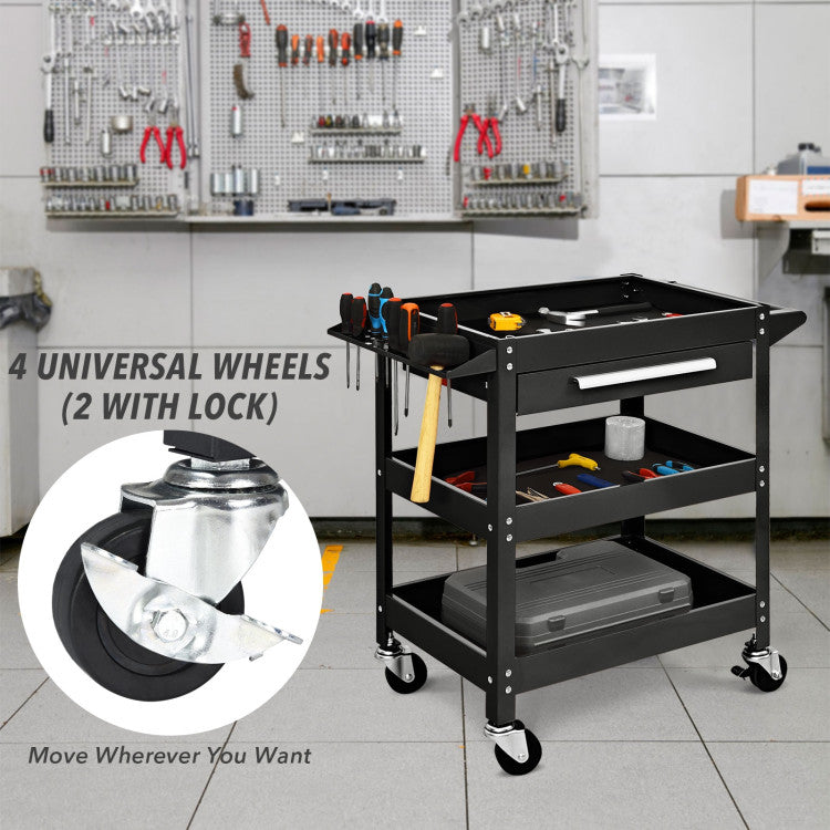 3 Tier Rolling Tool Cart 330 LBS Heavy Duty Utility Trolley Organizer with Drawer