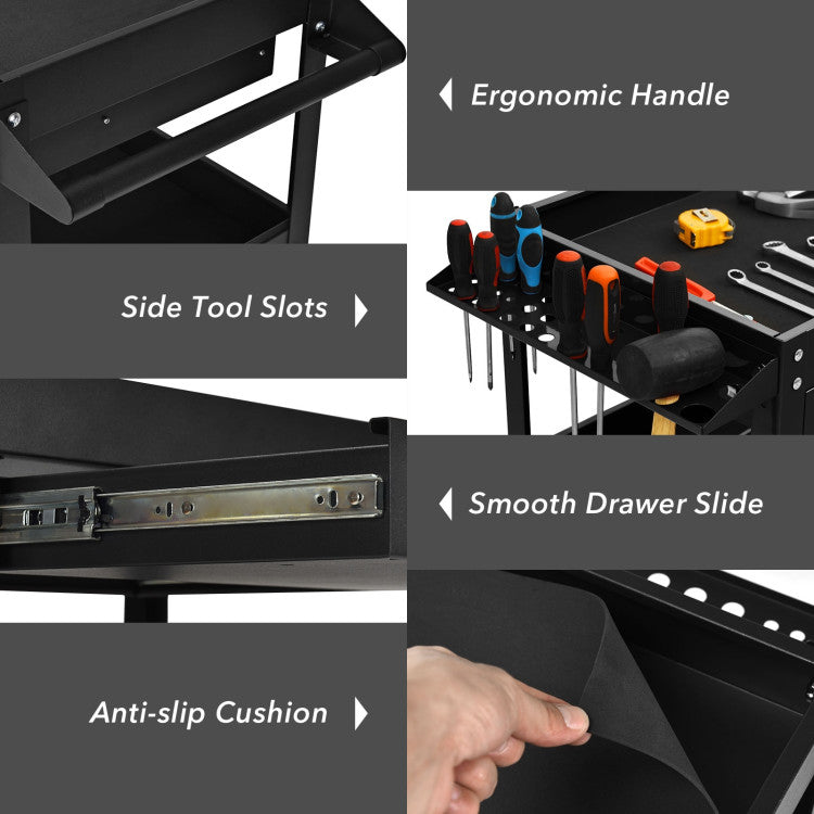 3 Tier Rolling Tool Cart 330 LBS Heavy Duty Utility Trolley Organizer with Drawer