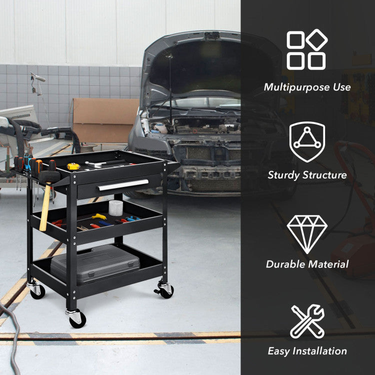 3 Tier Rolling Tool Cart 330 LBS Heavy Duty Utility Trolley Organizer with Drawer