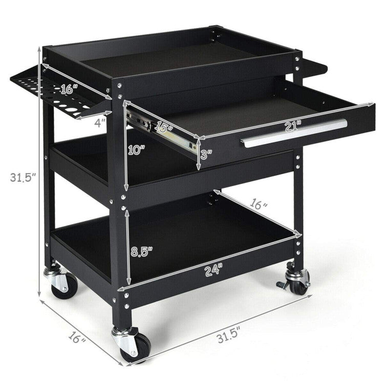 3 Tier Rolling Tool Cart 330 LBS Heavy Duty Utility Trolley Organizer with Drawer