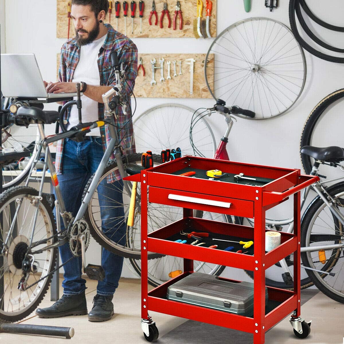 3 Tier Rolling Tool Cart 330 LBS Heavy Duty Utility Trolley Organizer with Drawer