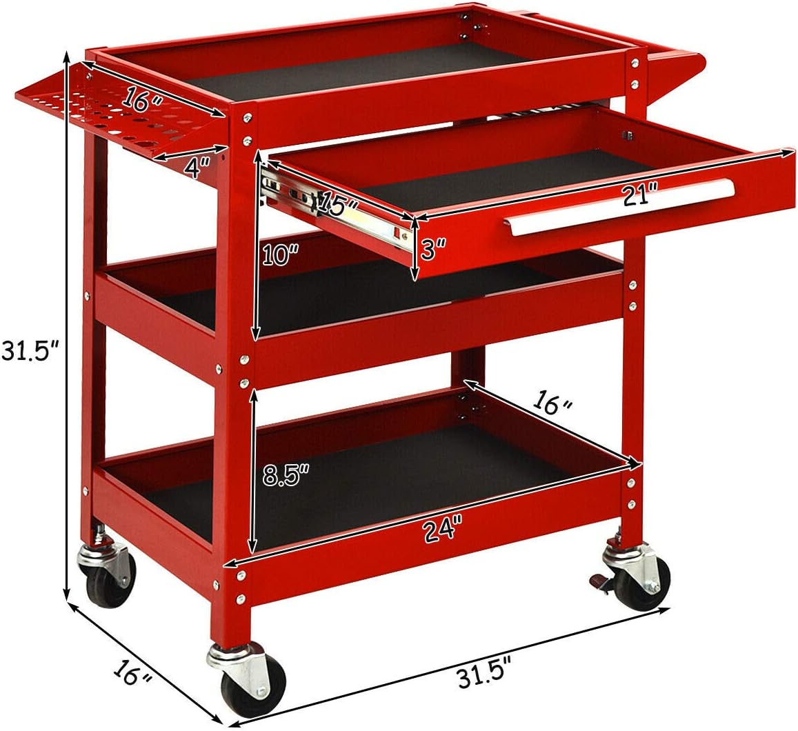 3 Tier Rolling Tool Cart 330 LBS Heavy Duty Utility Trolley Organizer with Drawer