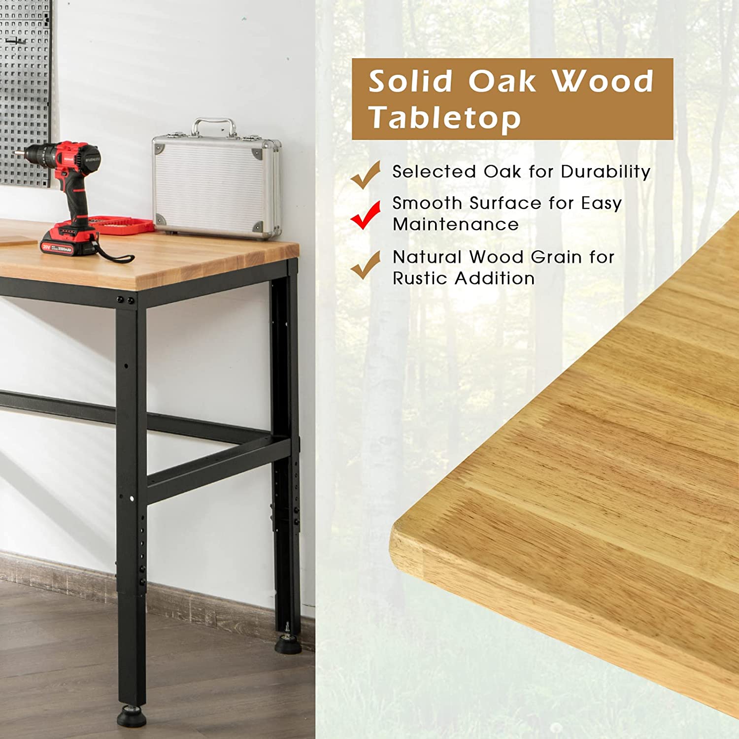 48 Inch Adjustable Height Workbench Solid Oak Wood Top Heavy-Duty Workstation with Non-Slipping Pads for Garage Workshop